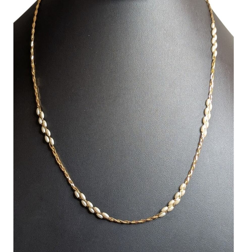 Vintage Napier Gold Tone Braided Chain Oblong Seed Pearl 22" Necklace